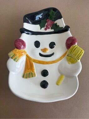 Festive Snowman Ceramic Serving Plate Cookies Candy Nuts Trinkets Christmas